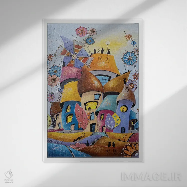 تابلو دکوراتیو شادترین شهر گربه ها اثر ناتالیا گرینچنکو - نمای قابدار سفید