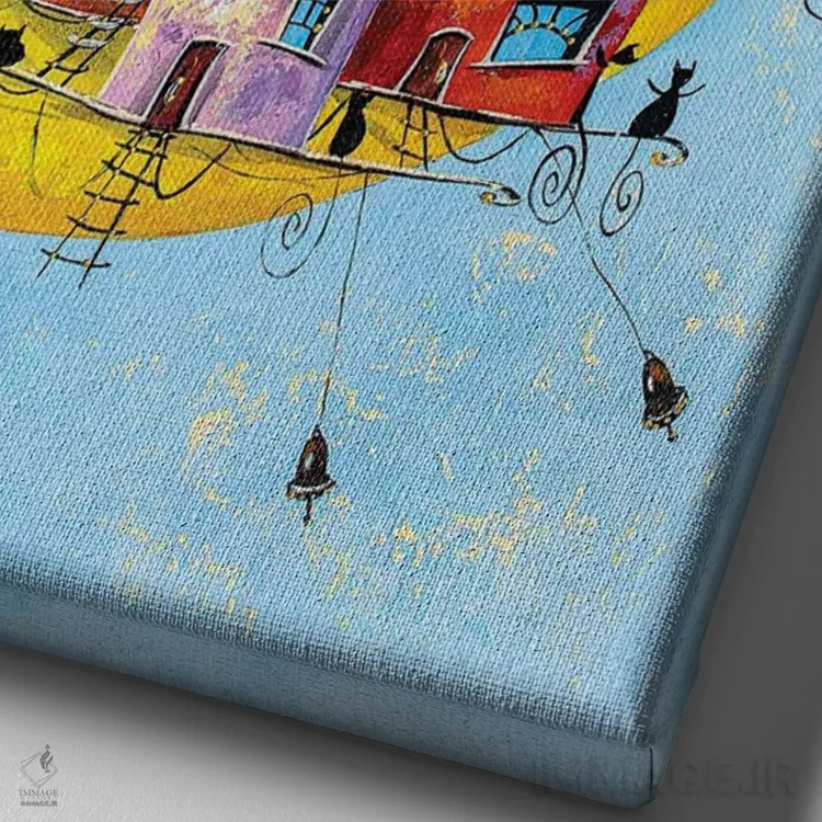 تابلو دکوراتیو شهر قمری گربه ها اثر ناتالیا گرینچنکو - نمای نزدیک بافت بوم