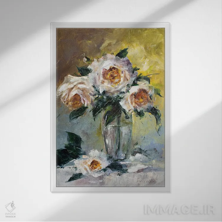 تابلو دکوراتیو دسته گل رز سفید اثر ناتالیا گرینچنکو - نمای قابدار سفید