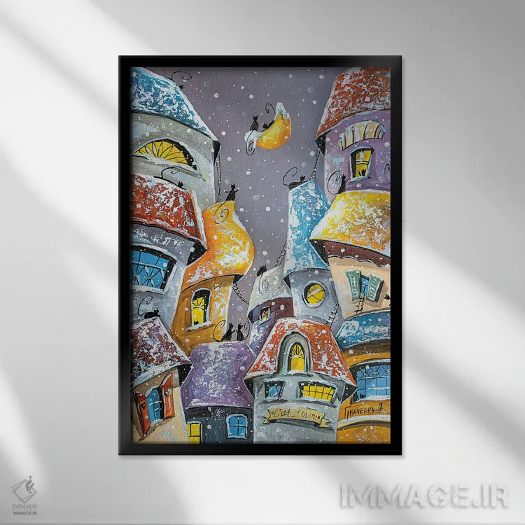 تابلو دکوراتیو تفریحات زمستانی در شهر گربه ها اثر ناتالیا گرینچنکو - نمای قابدار مشکی