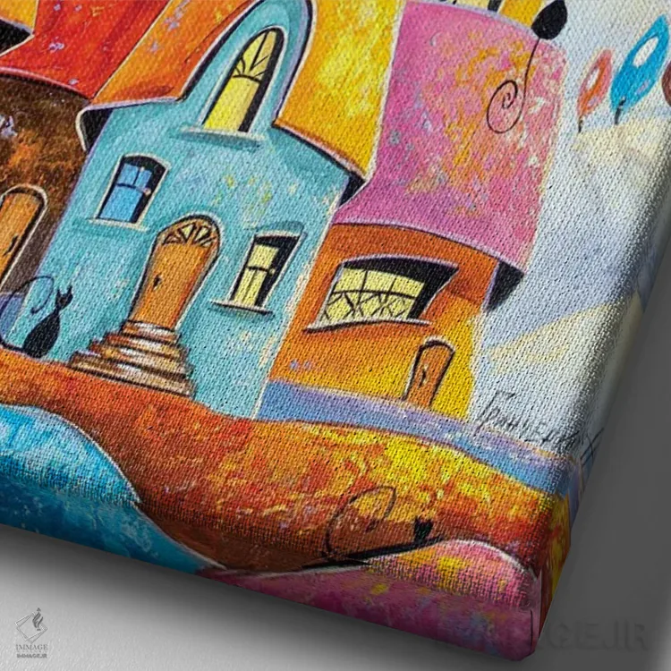 تابلو دکوراتیو شهر گربه ها در نور ماه اثر ناتالیا گرینچنکو - نمای نزدیک بافت بوم