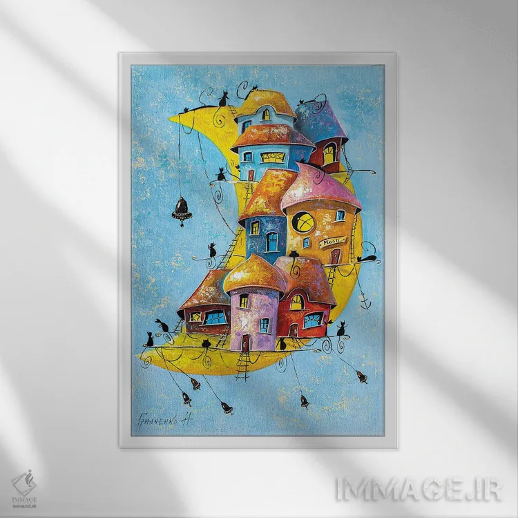 تابلو دکوراتیو شهر قمری گربه ها اثر ناتالیا گرینچنکو - نمای قابدار سفید