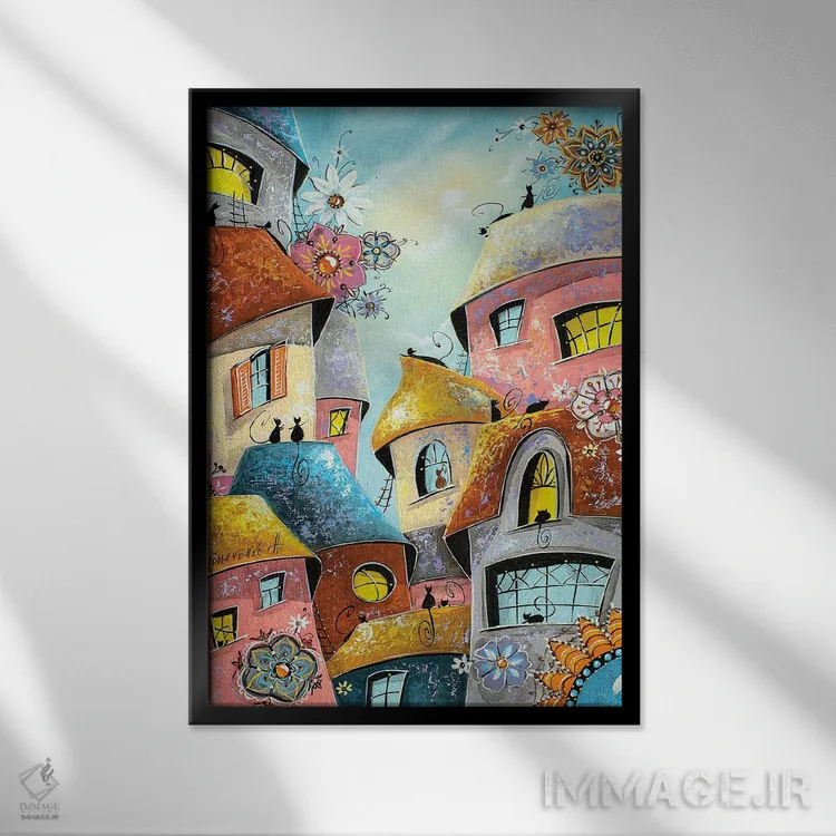 تابلو دکوراتیو حالت گلی در شهر گربه ها اثر ناتالیا گرینچنکو - نمای قابدار مشکی