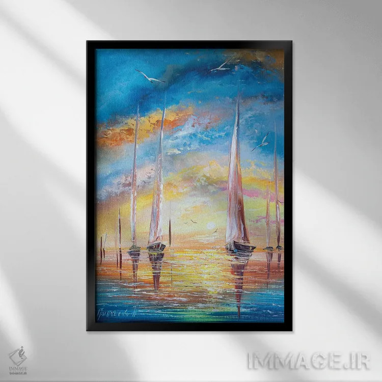 تابلو دکوراتیو قایق های تفریحی در تعطیلات اثر ناتالیا گرینچنکو - نمای قابدار مشکی