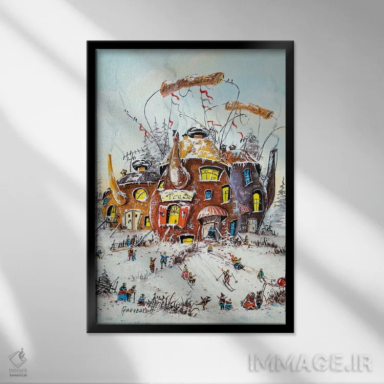 تابلو دکوراتیو فعالیت های زمستانی در دنیای چای اثر ناتالیا گرینچنکو - نمای قابدار مشکی