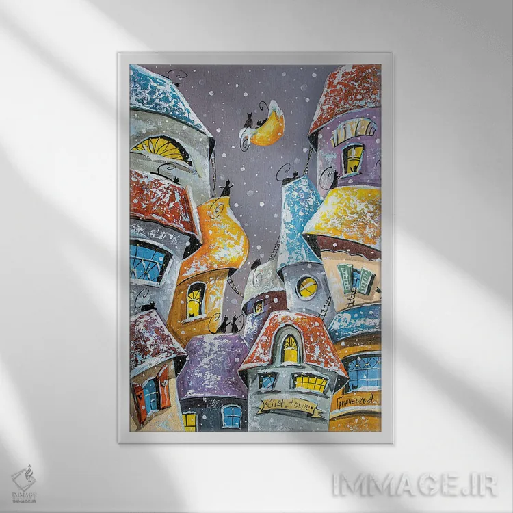 تابلو دکوراتیو تفریحات زمستانی در شهر گربه ها اثر ناتالیا گرینچنکو - نمای قابدار سفید