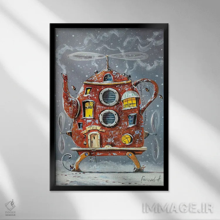 تابلو دکوراتیو خانه گرم قوری اثر ناتالیا گرینچنکو - نمای قابدار مشکی