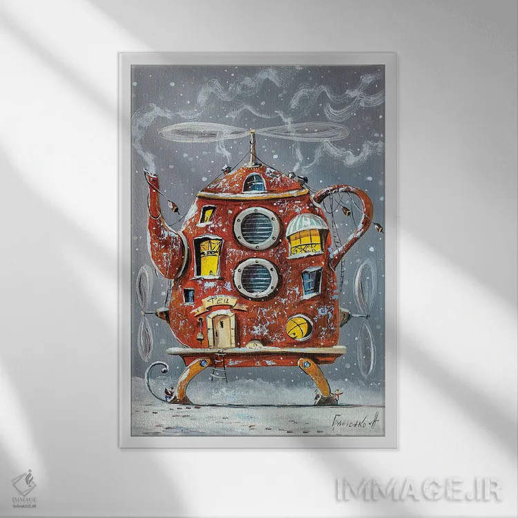 تابلو دکوراتیو خانه گرم قوری اثر ناتالیا گرینچنکو - نمای قابدار سفید