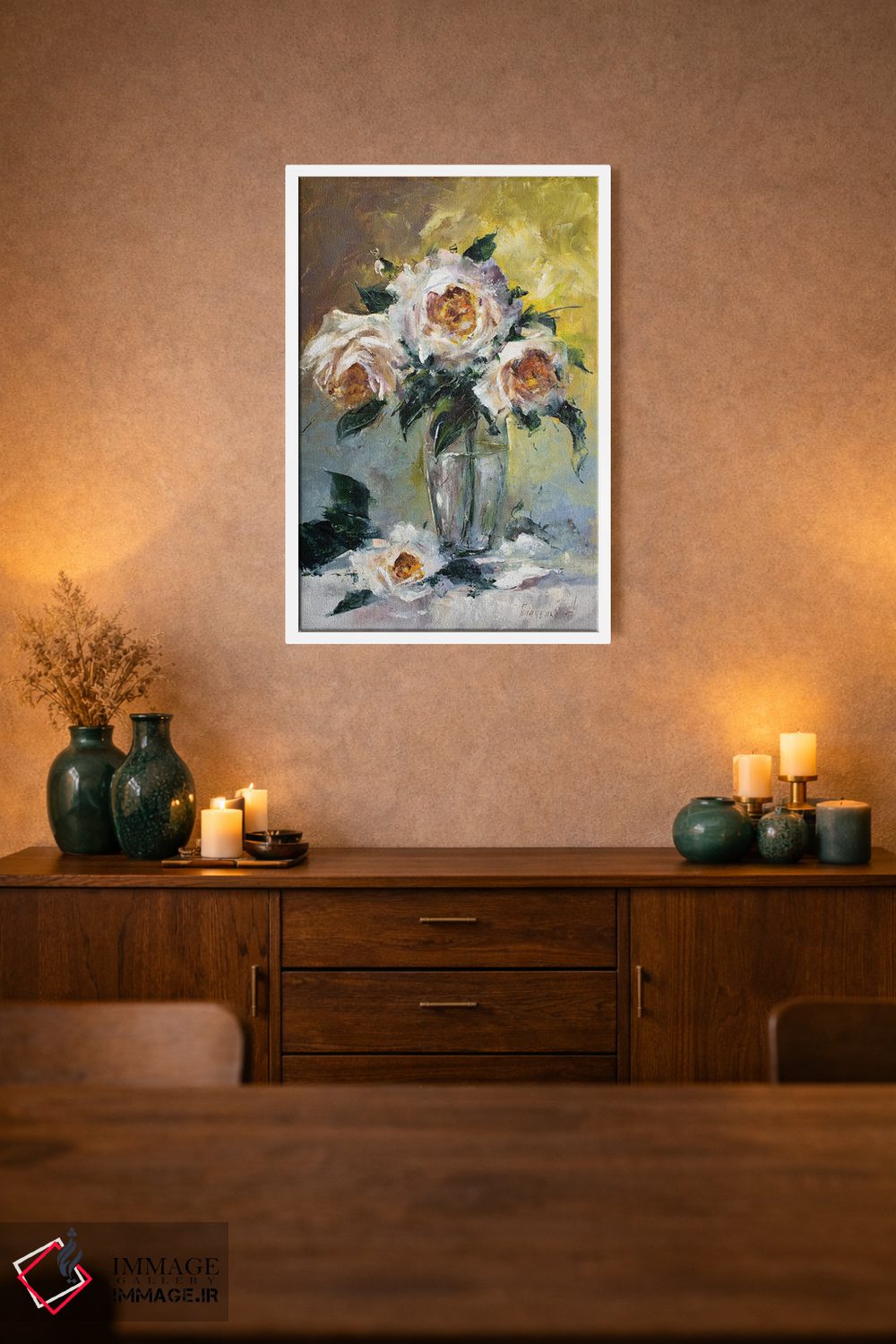 تابلو دکوراتیو دسته گل رز سفید اثر ناتالیا گرینچنکو - D1W