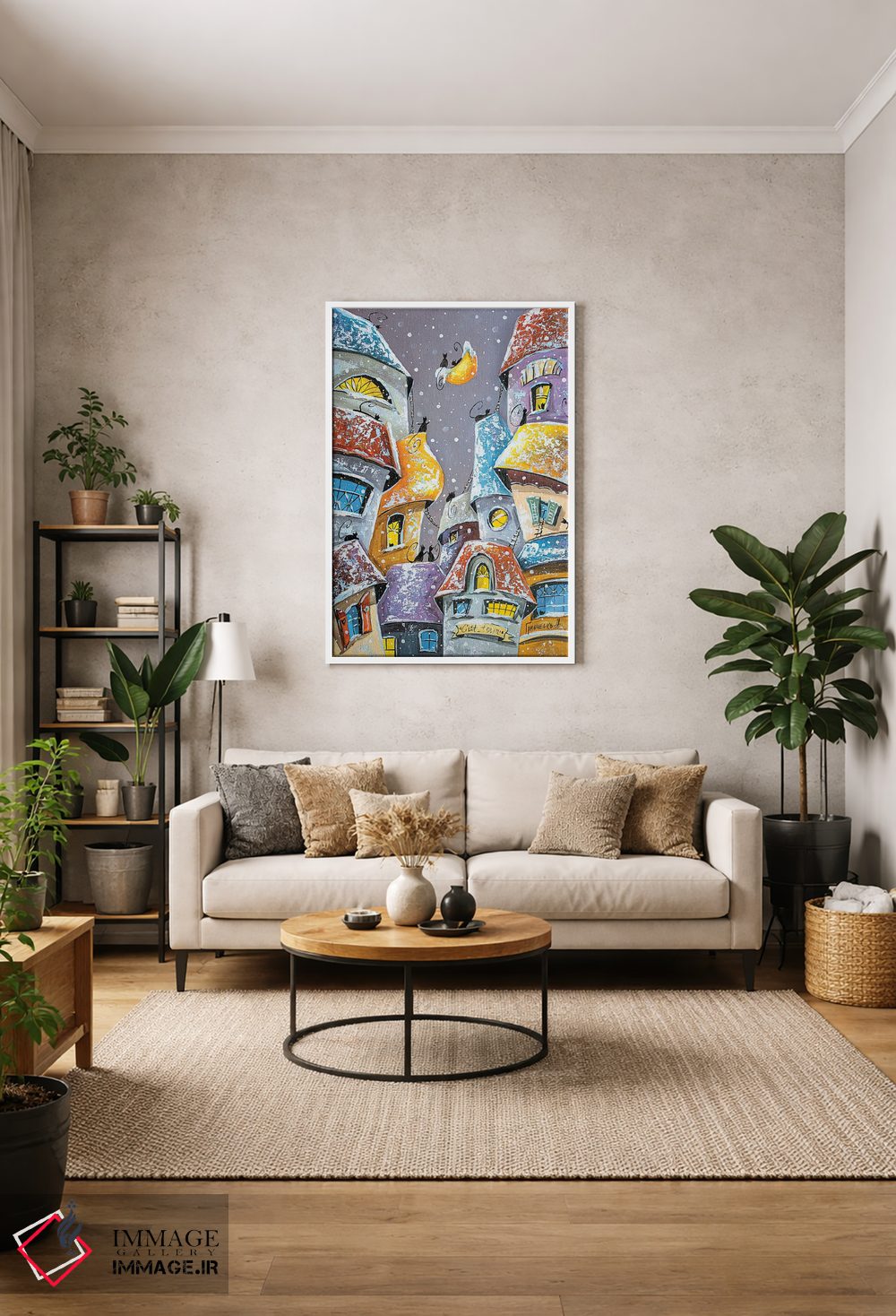 تابلو دکوراتیو تفریحات زمستانی در شهر گربه ها اثر ناتالیا گرینچنکو - D1W