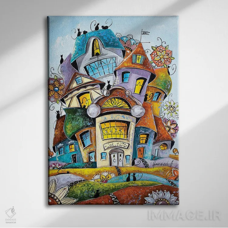 تابلو دکوراتیو شهر گربه های گل دار اثر ناتالیا گرینچنکو - نمای روبهرو روی دیوار