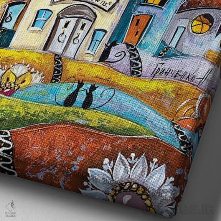 تابلو دکوراتیو شهر گربه های گل دار اثر ناتالیا گرینچنکو - نمای نزدیک بافت بوم