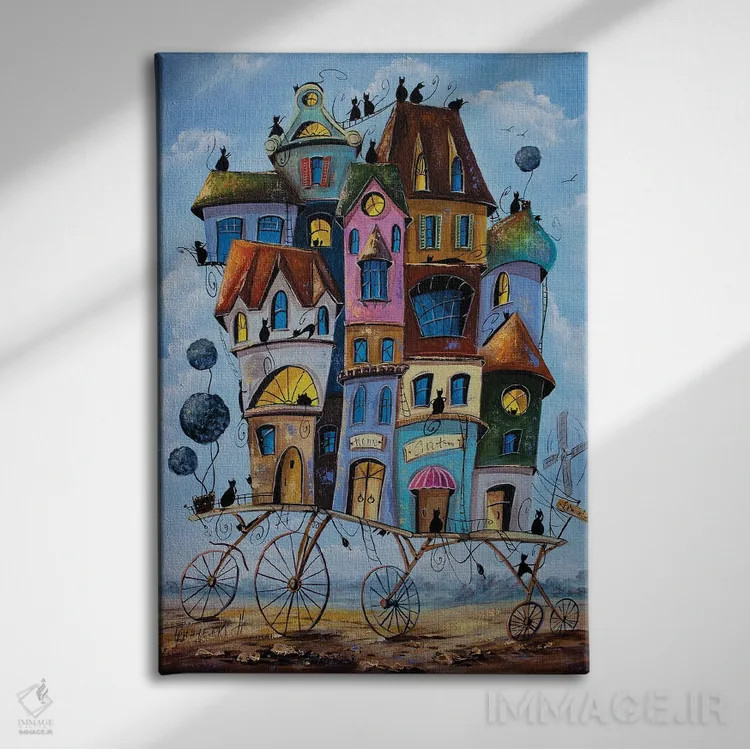 تابلو دکوراتیو سرگردان ترین شهر گربه ها اثر ناتالیا گرینچنکو - نمای روبهرو روی دیوار