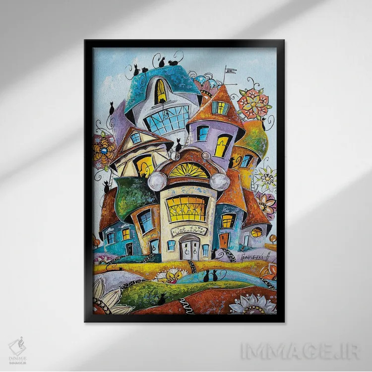 تابلو دکوراتیو شهر گربه های گل دار اثر ناتالیا گرینچنکو - نمای قابدار مشکی