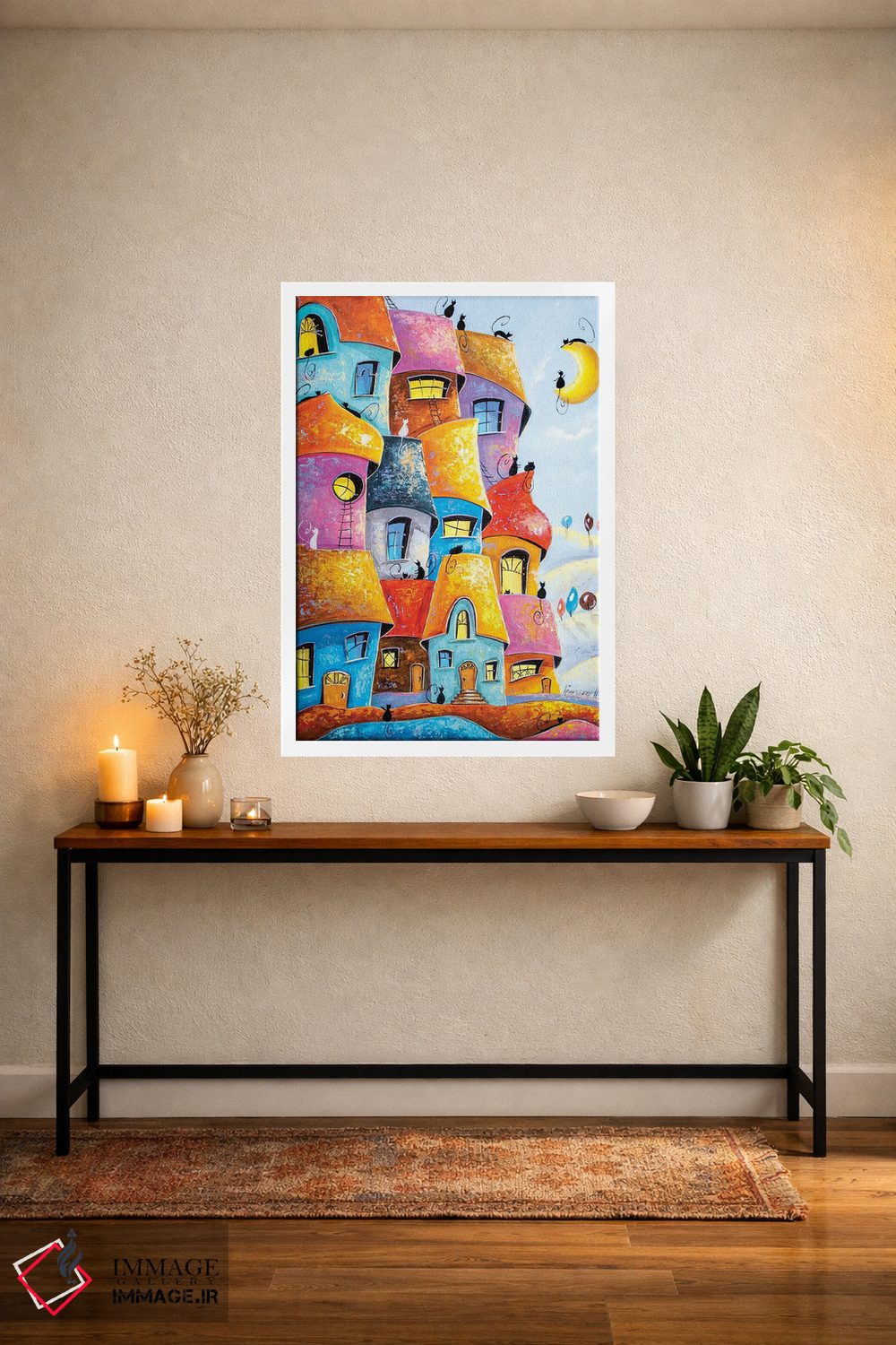 تابلو دکوراتیو شهر گربه ها در نور ماه اثر ناتالیا گرینچنکو - D3W