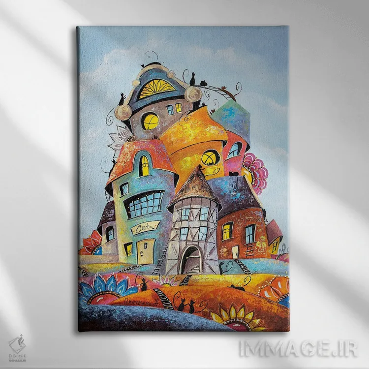 تابلو دکوراتیو روز گل در شهر گربه ها اثر ناتالیا گرینچنکو - نمای روبهرو روی دیوار