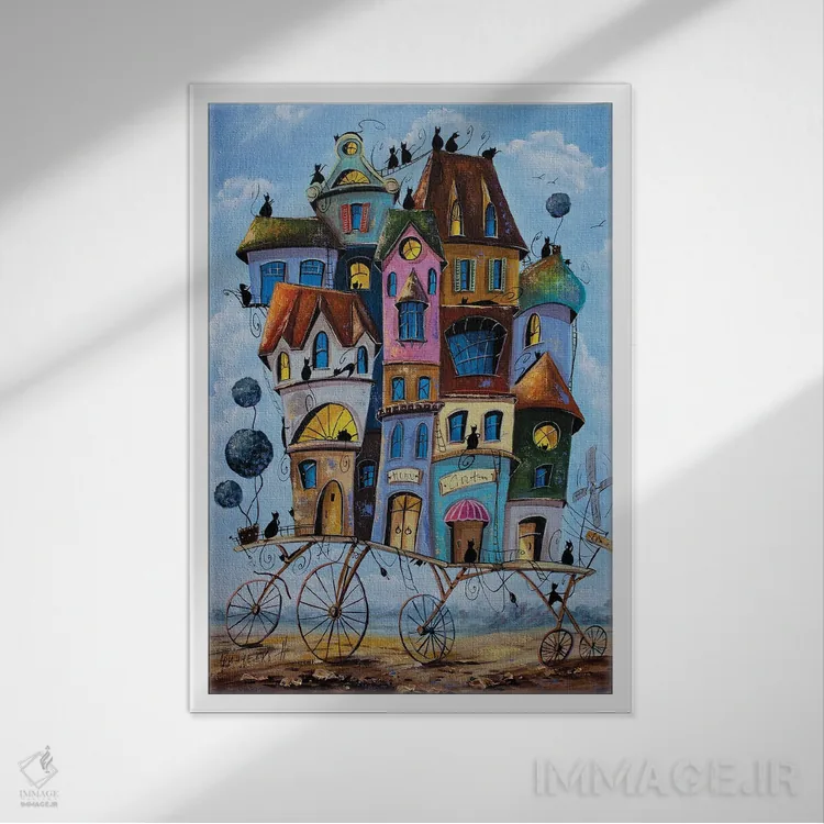 تابلو دکوراتیو سرگردان ترین شهر گربه ها اثر ناتالیا گرینچنکو - نمای قابدار سفید