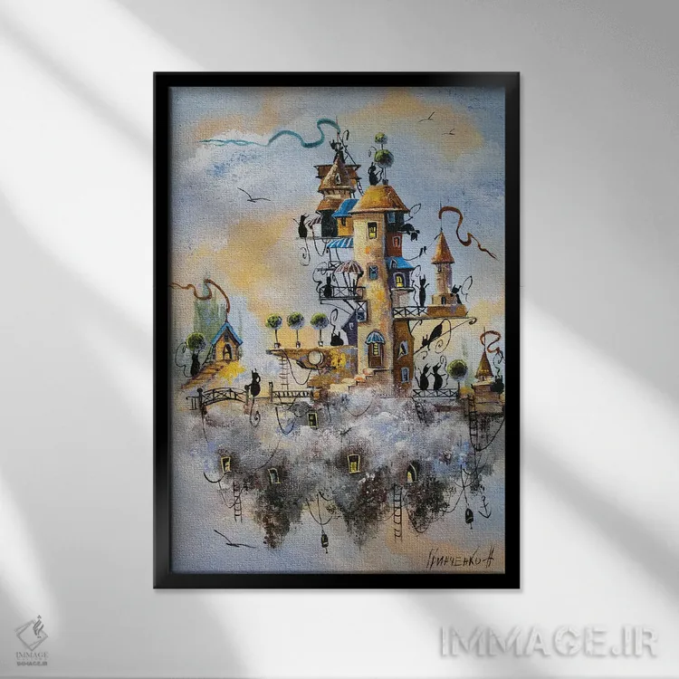 تابلو دکوراتیو شهر گربه ها در ابرها اثر ناتالیا گرینچنکو - نمای قابدار مشکی