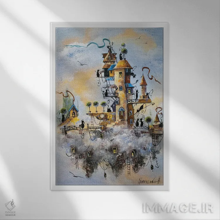 تابلو دکوراتیو شهر گربه ها در ابرها اثر ناتالیا گرینچنکو - نمای قابدار سفید