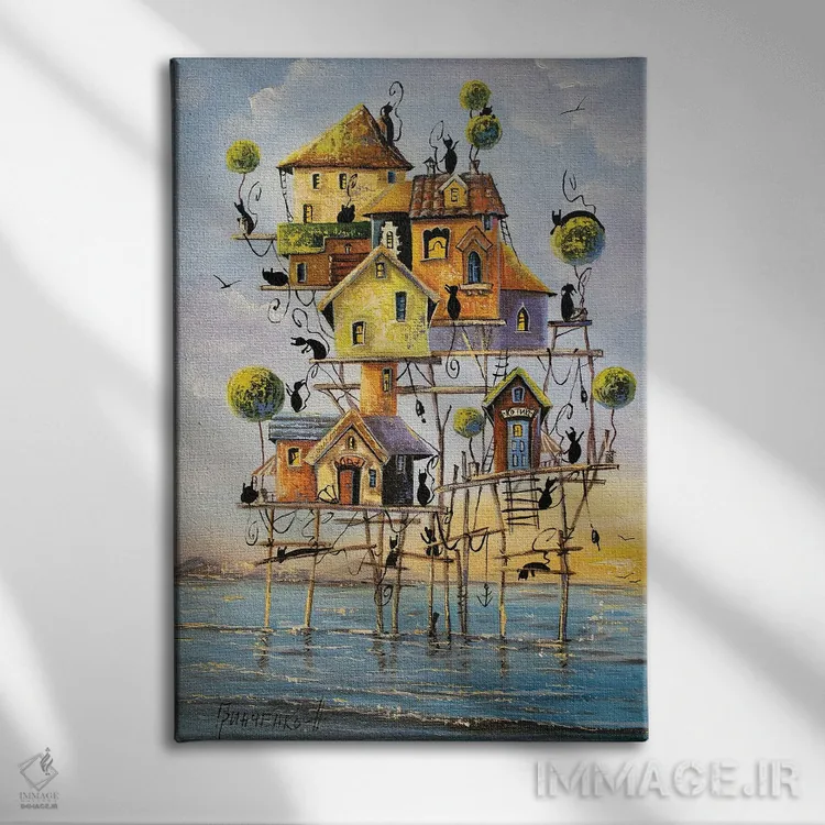 تابلو دکوراتیو شهر گربه های ماهیگیر اثر ناتالیا گرینچنکو - نمای روبهرو روی دیوار