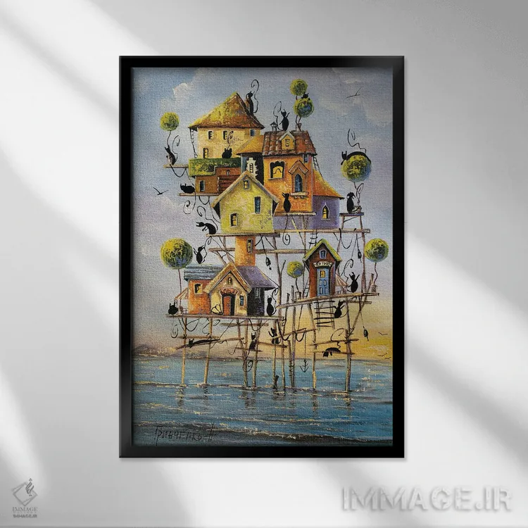 تابلو دکوراتیو شهر گربه های ماهیگیر اثر ناتالیا گرینچنکو - نمای قابدار مشکی