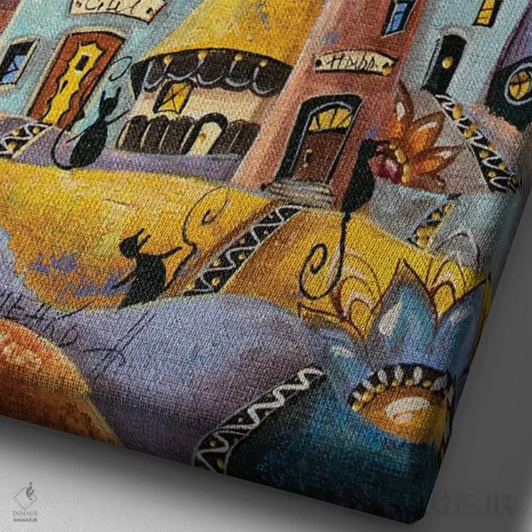 تابلو دکوراتیو روز گل ها در شهر گربه ها اثر ناتالیا گرینچنکو - نمای نزدیک بافت بوم