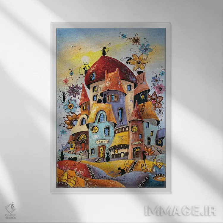 تابلو دکوراتیو روز گل ها در شهر گربه ها اثر ناتالیا گرینچنکو - نمای قابدار سفید