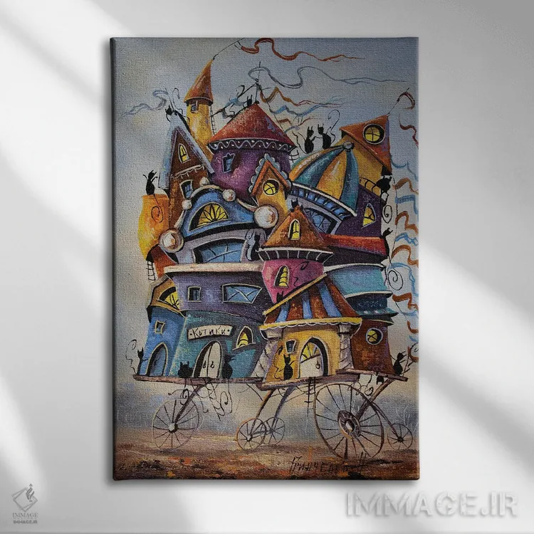 تابلو دکوراتیو تعطیلات رنگارنگ در شهر گربه ها اثر ناتالیا گرینچنکو - نمای روبهرو روی دیوار