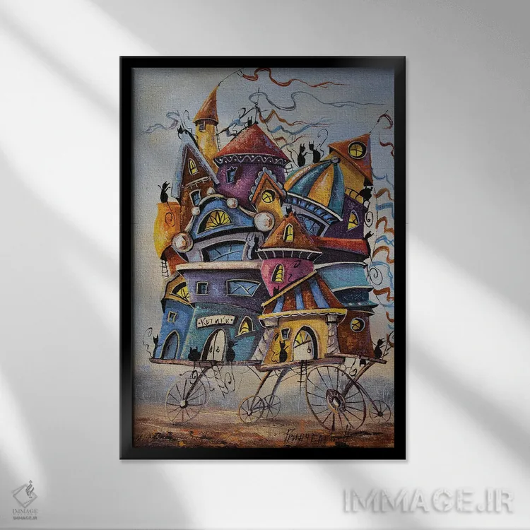 تابلو دکوراتیو تعطیلات رنگارنگ در شهر گربه ها اثر ناتالیا گرینچنکو - نمای قابدار مشکی