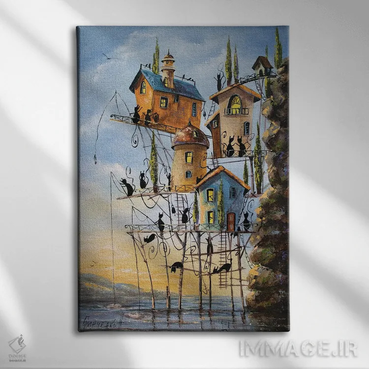 تابلو دکوراتیو روز ماهی در شهر گربه ها اثر ناتالیا گرینچنکو - نمای روبهرو روی دیوار