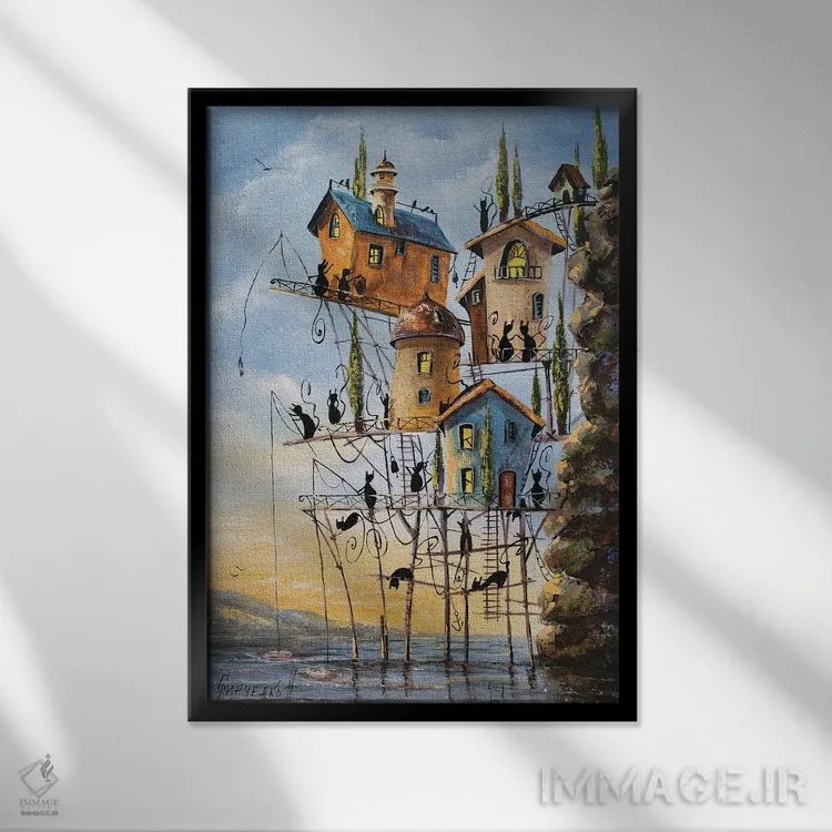 تابلو دکوراتیو روز ماهی در شهر گربه ها اثر ناتالیا گرینچنکو - نمای قابدار مشکی