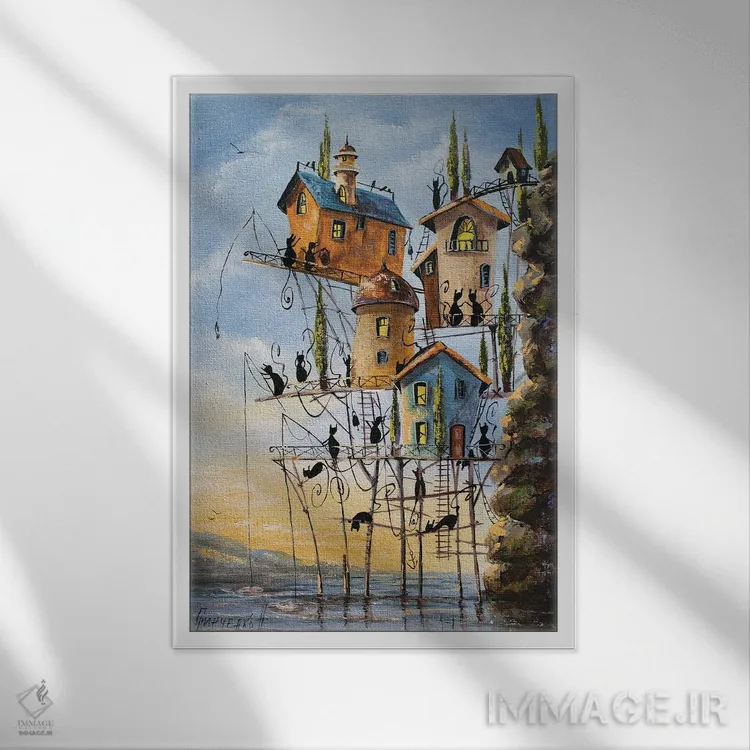 تابلو دکوراتیو روز ماهی در شهر گربه ها اثر ناتالیا گرینچنکو - نمای قابدار سفید