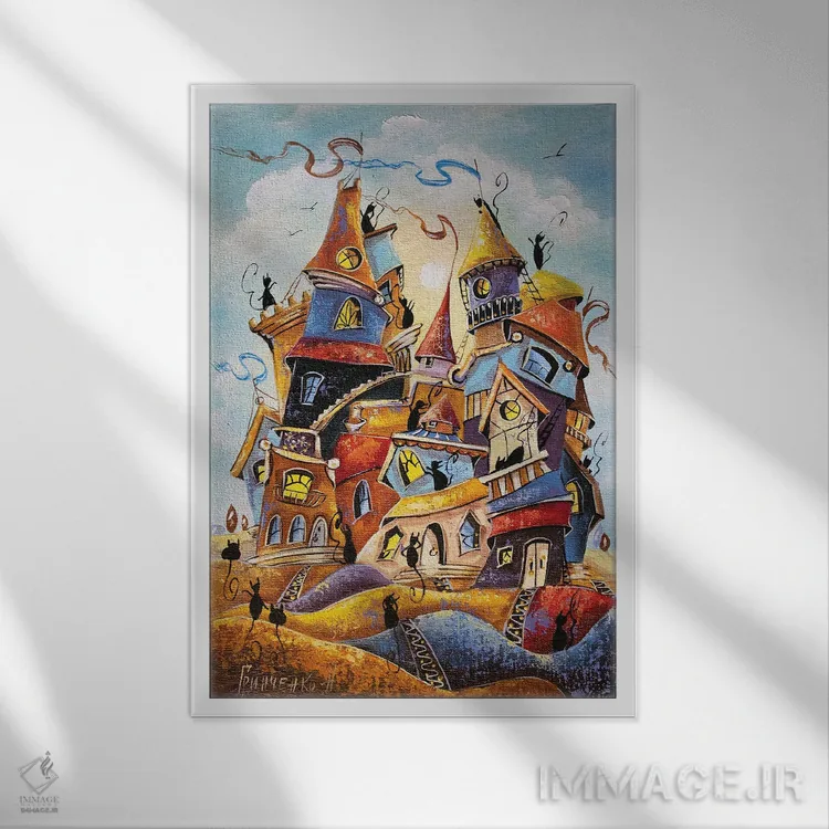 تابلو دکوراتیو رقاص ترین شهر گربه ها اثر ناتالیا گرینچنکو - نمای قابدار سفید