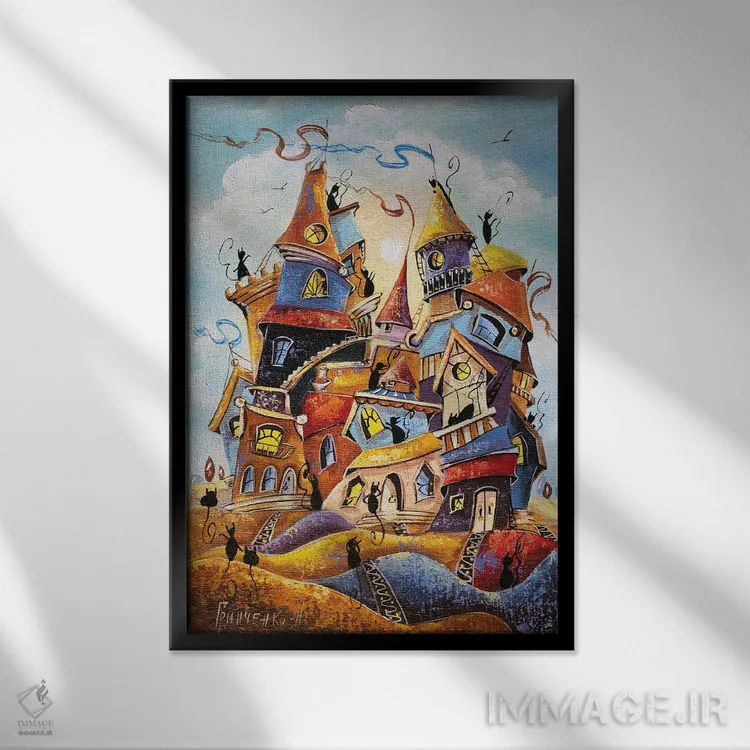 تابلو دکوراتیو رقاص ترین شهر گربه ها اثر ناتالیا گرینچنکو - نمای قابدار مشکی