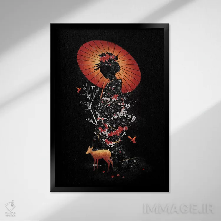 تابلو دکوراتیو طبیعت گیشا اثر نایس بلید - نمای قابدار مشکی