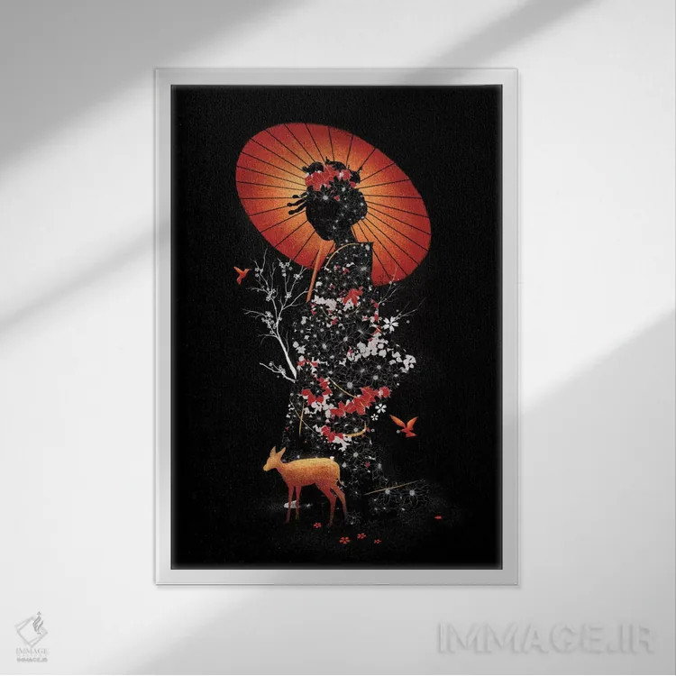 تابلو دکوراتیو طبیعت گیشا اثر نایس بلید - نمای قابدار سفید