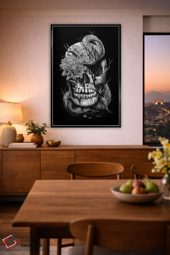 تابلو دکوراتیو مار و جمجمه در سیاه و سفید اثر نایس بلید - D4B