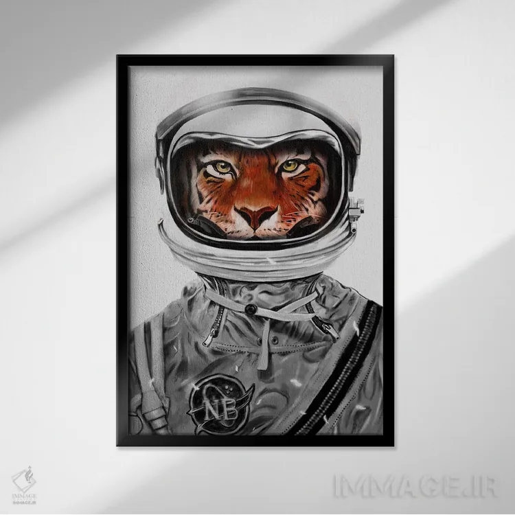 تابلو دکوراتیو ببر فضایی در سیاه و سفید اثر نایس بلید - نمای قابدار مشکی