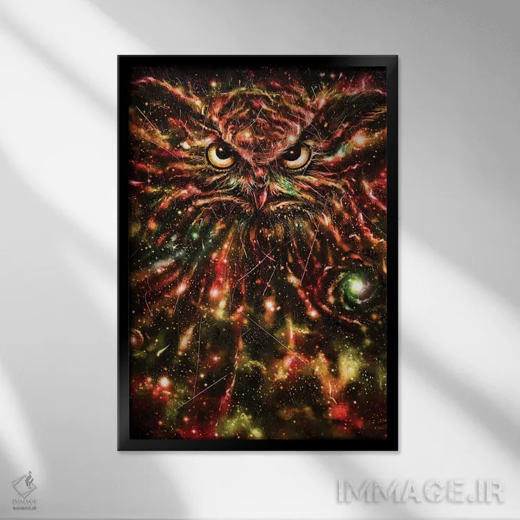 تابلو دکوراتیو جغد فضایی اثر نایس بلید - نمای قابدار مشکی