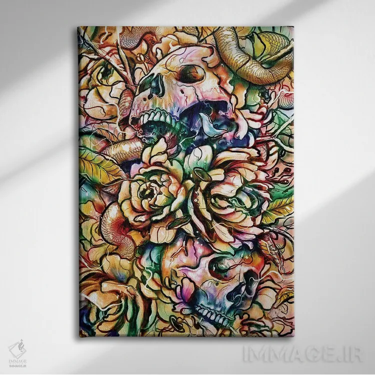 تابلو دکوراتیو جمجمه ها و گل ها اثر نایس بلید - نمای روبهرو روی دیوار
