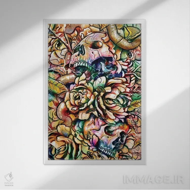 تابلو دکوراتیو جمجمه ها و گل ها اثر نایس بلید - نمای قابدار سفید