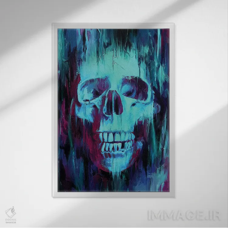 تابلو دکوراتیو نقاشی جمجمه اثر نایس بلید - نمای قابدار سفید