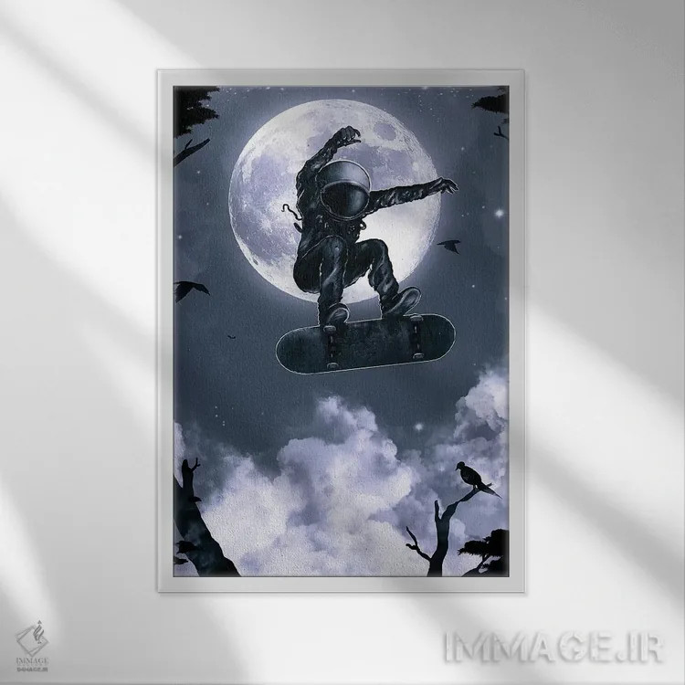 تابلو دکوراتیو اسکیت فضایی اثر نایس بلید - نمای قابدار سفید