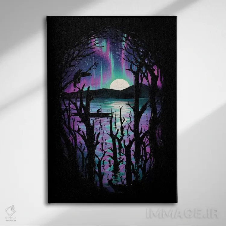 تابلو دکوراتیو شب با شفق قطبی اثر نایس بلید - نمای روبهرو روی دیوار