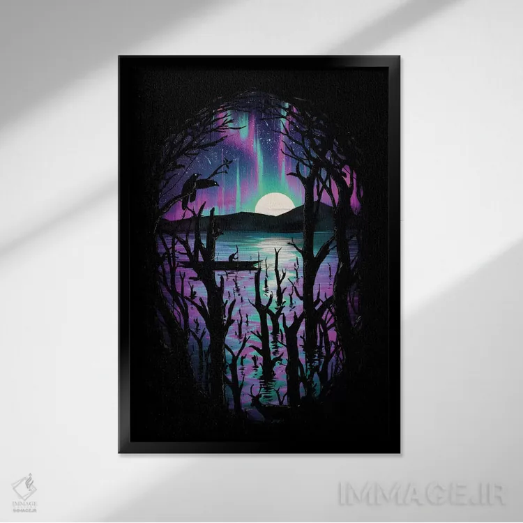 تابلو دکوراتیو شب با شفق قطبی اثر نایس بلید - نمای قابدار مشکی