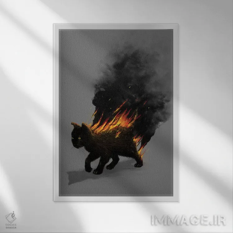 تابلو دکوراتیو گربه در آتش اثر نایس بلید - نمای قابدار سفید