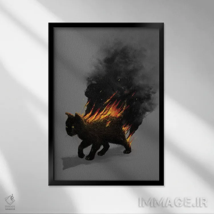 تابلو دکوراتیو گربه در آتش اثر نایس بلید - نمای قابدار مشکی