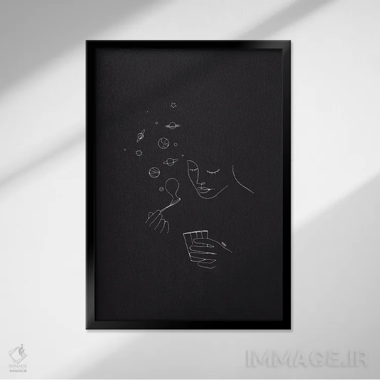 تابلو مینیمال بازی با حباب ها اثر نینهول - نمای قابدار مشکی