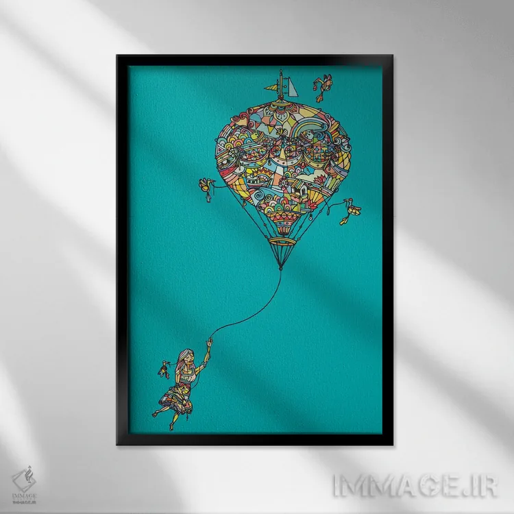 تابلو مینیمال دختر بادکنکی اثر نینهول - نمای قابدار مشکی