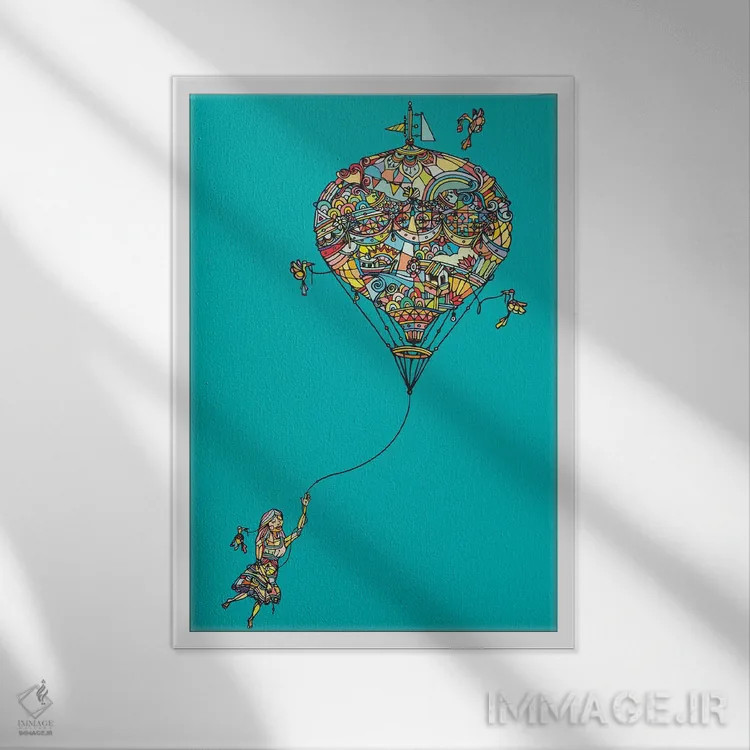 تابلو مینیمال دختر بادکنکی اثر نینهول - نمای قابدار سفید